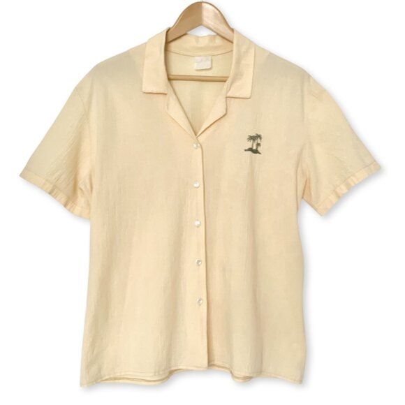 Vintage Tops - Vintage Butter Yellow Camp Collar Button Up Short Sleeve Shirt Prep Coastal Boho